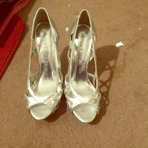Silver cutout peep toe heels